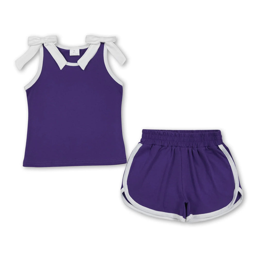 RTS NO MOQ Sibling cotton Baby Girls Bow Solid Sleeveless Top Shorts Daily Clothes Set