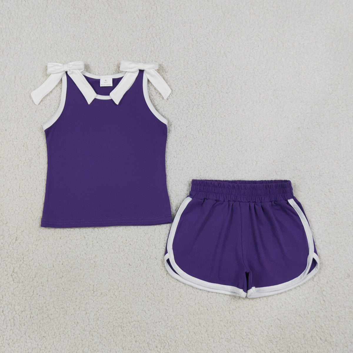 NEW RTS NO MOQ cotton GSSO3858 Baby Girls Purple White Bows Sleeveless Vest Top Short Sets