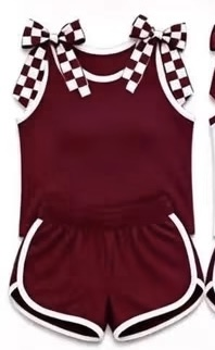 (Preorder new) No moq GSSO3859 Baby Girls Maroon Checked Bow Sleeveless Top Shorts Two Piece Summer Sets