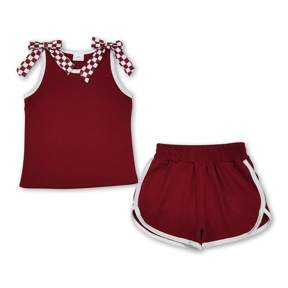 RTS NO MOQ Sibling cotton Baby Girls Checker Bow Tank Top And Shorts Casual Set