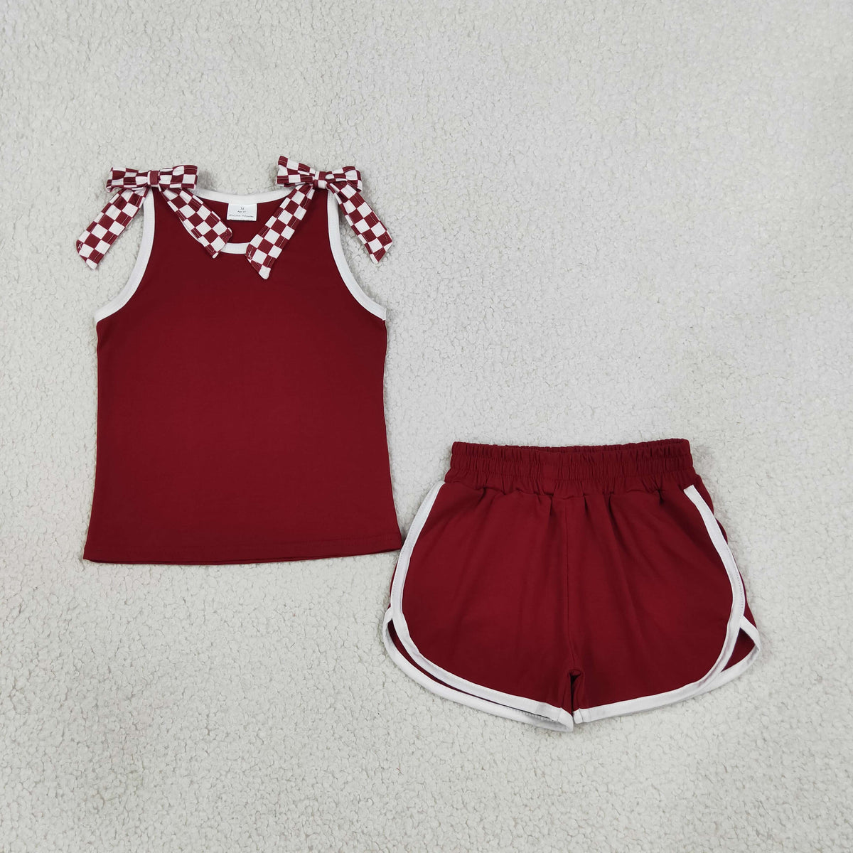 NEW RTS NO MOQ cotton GSSO3859 Baby Girls Maroon Checked Bows Sleeveless Vest Short Sets