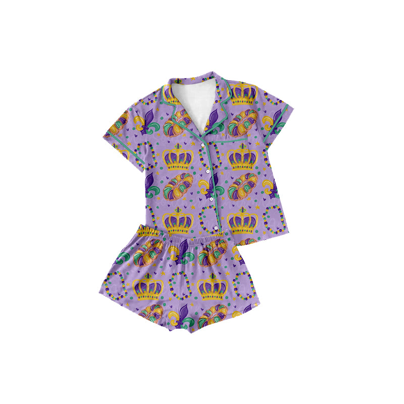 (Preorder new) No moq Adult To Match Kids Purple Print Short Sleeve Button Down Pajama Set For Mom And Kid