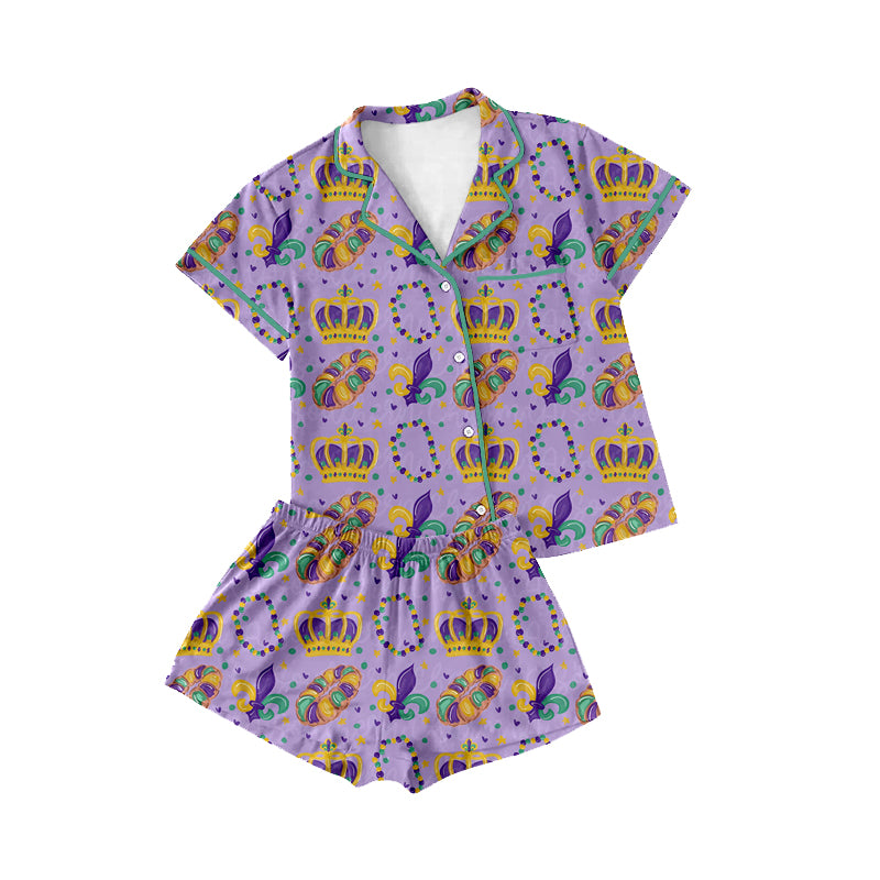 (Preorder new) No moq Adult To Match Kids Purple Print Short Sleeve Button Down Pajama Set For Mom And Kid