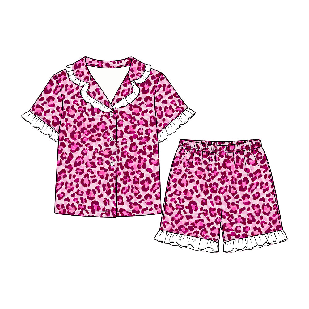 (Preorder new) No moq GSSO3864 Baby Girls Pink Leopard Button Top Ruffle Short Pajamas Set