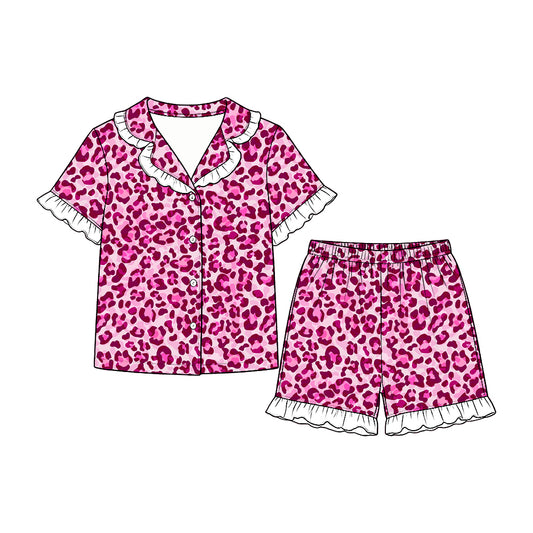 (Preorder new) No moq GSSO3864 Baby Girls Pink Leopard Button Top Ruffle Short Pajamas Set