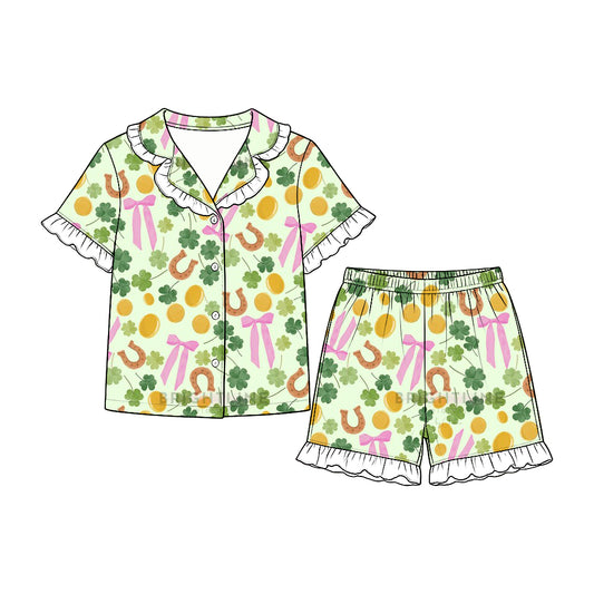 (Preorder new) No moq GSSO3865 Baby Girls Light Green Bow Print Ruffle Short Sleeve Pajama Set