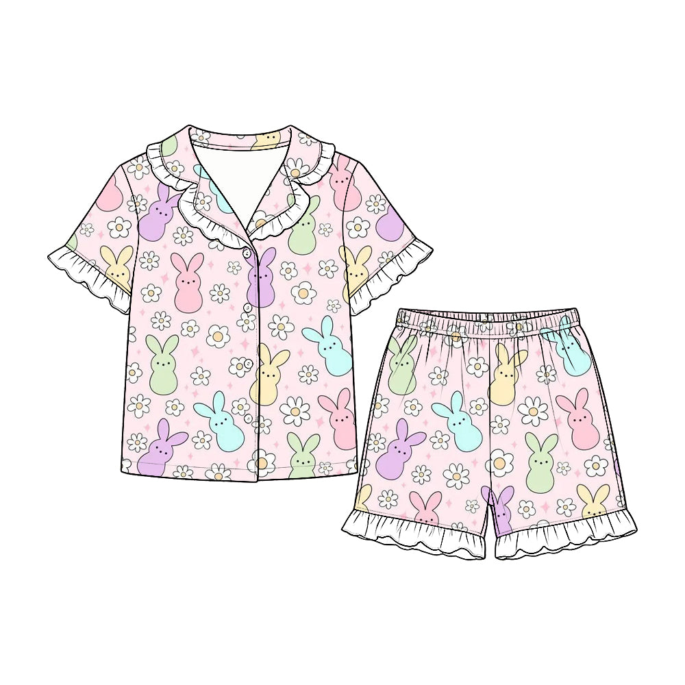 (Preorder new) No moq GSSO3866 Baby Girls Light Pink Easter Bunny Daisy Print Ruffle Collar Short Sleeve Pajama Set