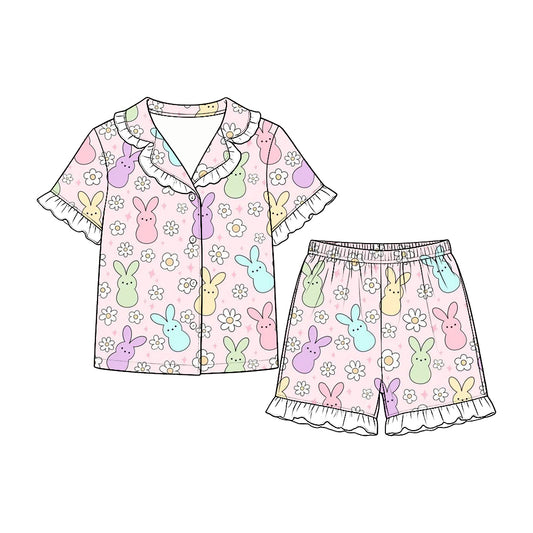 (Preorder new) No moq GSSO3866 Baby Girls Light Pink Easter Bunny Daisy Print Ruffle Collar Short Sleeve Pajama Set