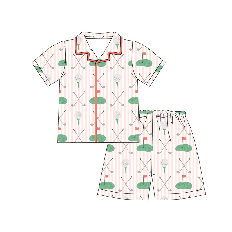 (Preorder new) No moq Girls Golf Cart Golf Club Print Short Sleeve Button Down Pajama Set