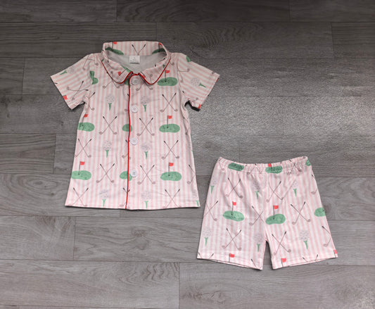 (Sample) No moq milk silk GSSO3867 Baby Girls Casual Pink Stripes Golf Button Shirt Shorts Pajamas Outfit Sets