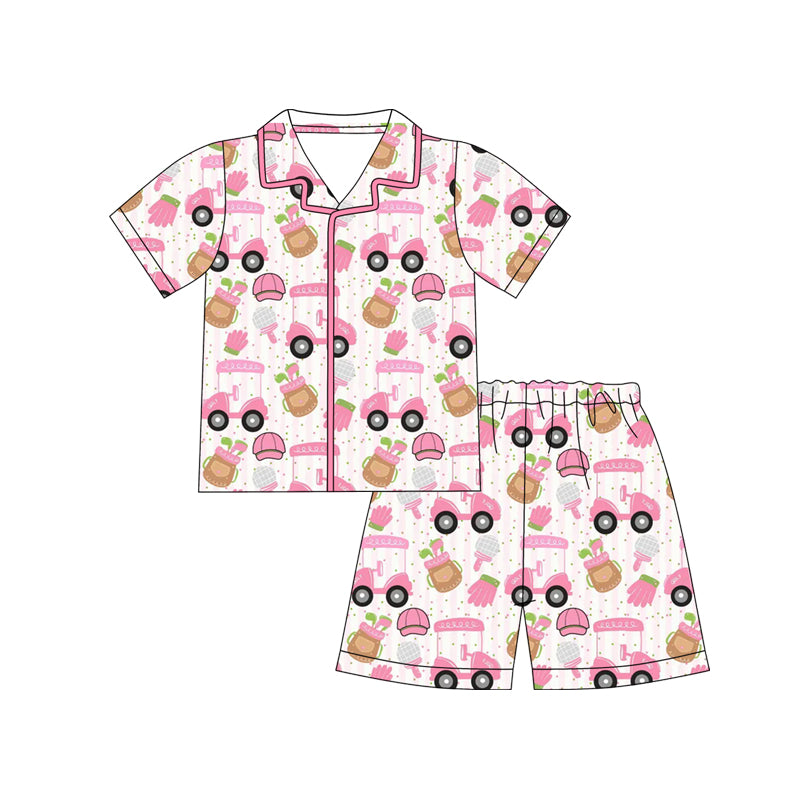(Preorder new) No moq Girls Golf Cart Golf Club Print Short Sleeve Button Down Pajama Set