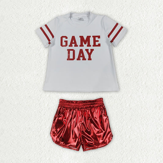 NEW RTS NO MOQ yoga fabric GSSO3870（GT1102+SS0415）Baby Girls Short Sleeve Yoga Top Red Leather Shorts Team Clothes Set