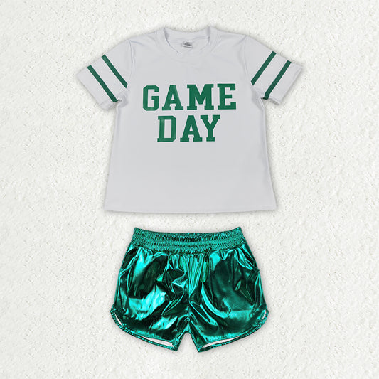 NEW RTS NO MOQ yoga fabric GSSO3871（GT1103+SS0410）Baby Girls Short Sleeve Yoga Top Green Leather Shorts Team Clothes Set