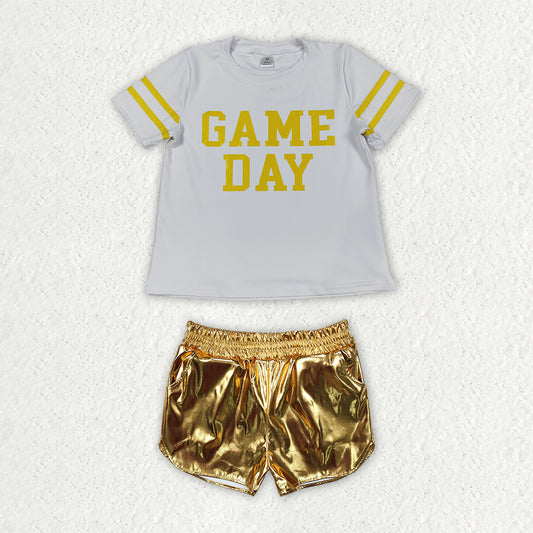 NEW RTS NO MOQ yoga fabric GSSO3872（GT1115+SS0417）Baby Girls Short Sleeve Yoga Top Yellow Leather Shorts Team Clothes Set