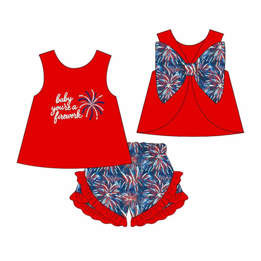 (Preorder new) No moq GSSO3873 Baby Girls Back Bow Red Tunic Ruffle Short Happy New Year Clothes Set