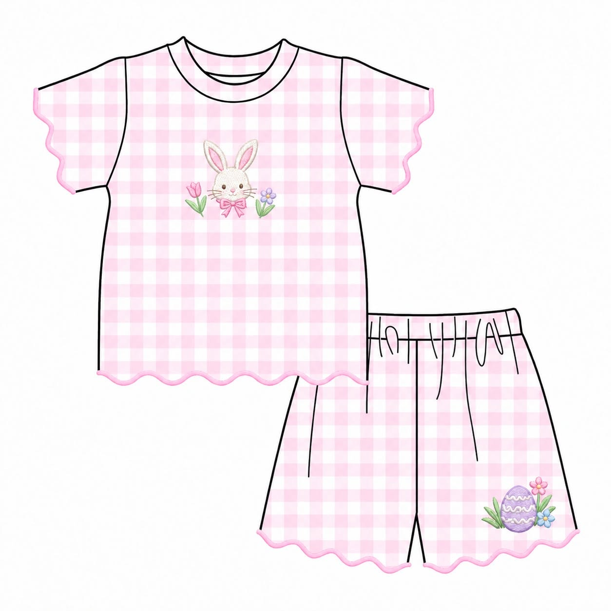 (Preorder new) No moq GSSO3880 Baby Girls Pink Gingham Bunny Embroidery Short Sleeve Top Easter Egg Floral Scallop Ruffle Shorts Summer Set