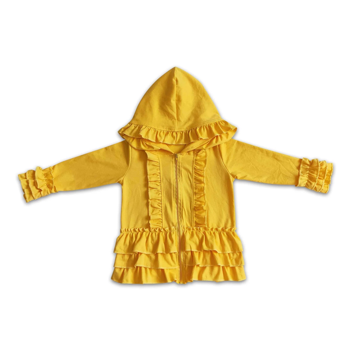 RTS NO MOQ Sibling cotton Baby Girls Solid Color Zip Ruffle Jackets Cardigans Top