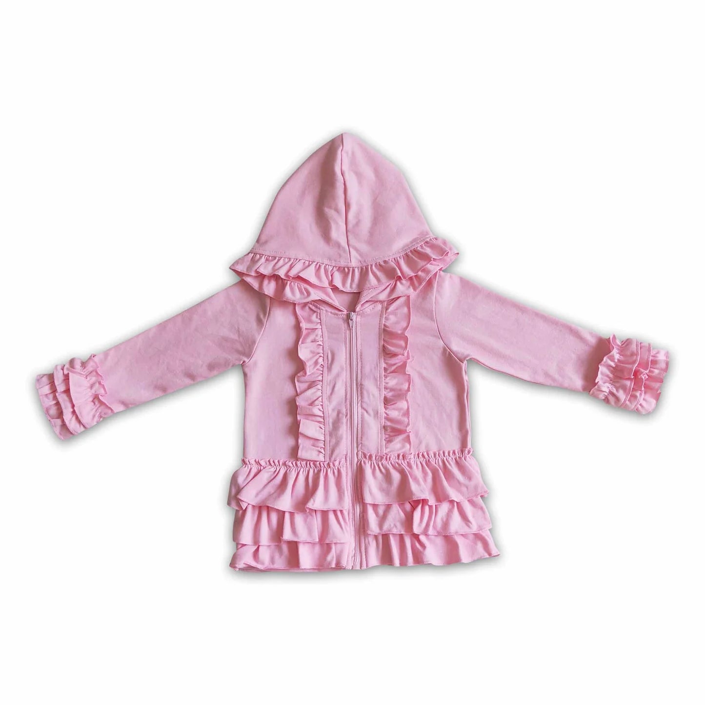 RTS NO MOQ Sibling cotton Baby Girls Solid Color Zip Ruffle Jackets Cardigans Top