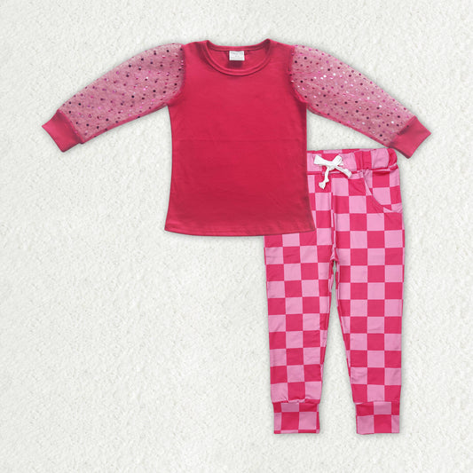 RTS NO MOQ ETA 5/7days Arrived GT0176+P0700 Rose red lace long-sleeved top plaid lace trousers sets