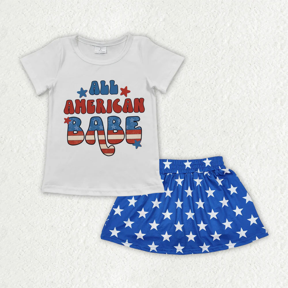 RTS NO MOQ ETA 5/7days Arrived GT0179+GLK0051 Girls National Day BABE white short-sleeved top star striped blue pants skirt