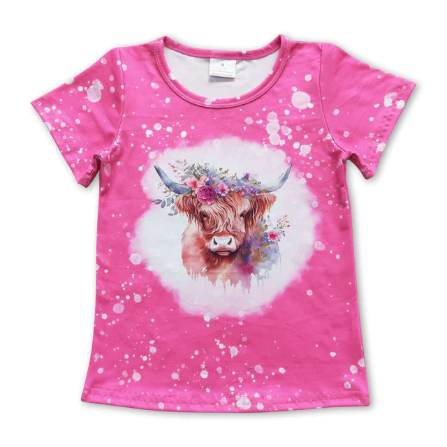 RTS NO MOQ GT0212+A14-14 Baby Girls Highland Cow Flowers Short Sleeve Shirts Tops Set