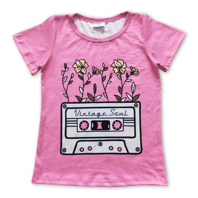 RTS NO MOQ milk silk GT0226+P1018 Baby Girls Pink Tapes Short Sleeve Tee Shirts Tops Checked Flare Pants Bottom Set