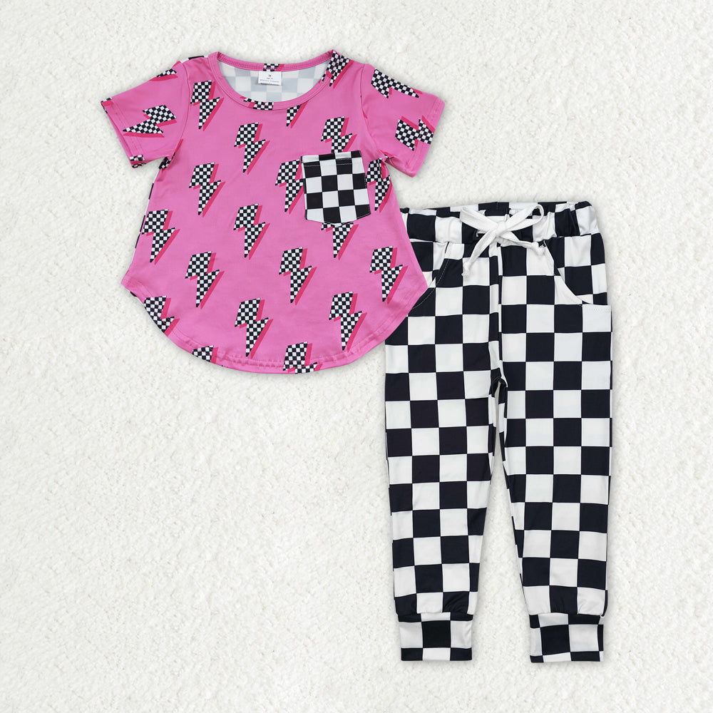 RTS NO MOQ ETA 5/7days Arrived GT0227+P0699 Black and white plaid pocket lightning rose red short-sleeved top plaid lace-up trousers sets
