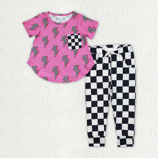 RTS NO MOQ ETA 5/7days Arrived GT0227+P0699 Black and white plaid pocket lightning rose red short-sleeved top plaid lace-up trousers sets