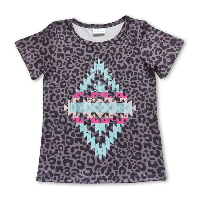 RTS NO MOQ milk silk GT0239+P0751 Baby Girls Leopard Aztec Short Sleeve Shirts Bell Pants Set
