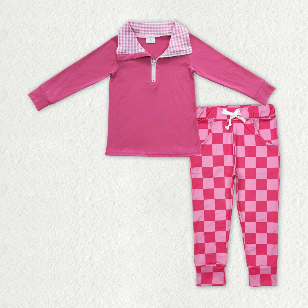 RTS NO MOQ ETA 5/7days Arrived GT0276+P0700 Rose red plaid collar zipper long-sleeved top plaid lace trousers sets