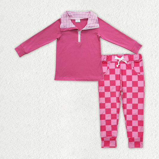 RTS NO MOQ ETA 5/7days Arrived GT0276+P0700 Rose red plaid collar zipper long-sleeved top plaid lace trousers sets