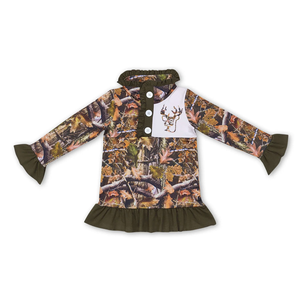 RTS NO MOQ Sibling milk silk Baby Girls Long Sleeve Camo Half Zip Ruffle Top Print Pullover