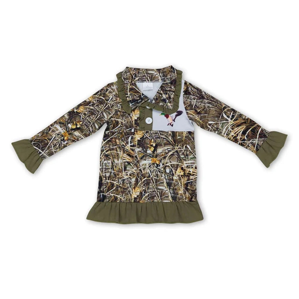RTS NO MOQ Sibling milk silk Baby Girls Long Sleeve Camo Half Zip Ruffle Top Print Pullover