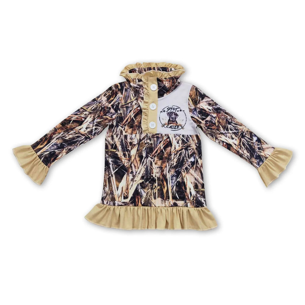 RTS NO MOQ Sibling milk silk Baby Girls Long Sleeve Camo Half Zip Ruffle Top Print Pullover
