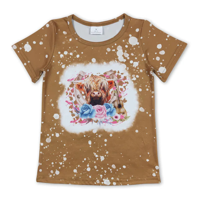 RTS NO MOQ GT0333+SS0294 Baby Girls Highland Cow Flowers Tee Shirts Tops Set