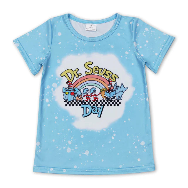 RTS NO MOQ milk silk GT0365+SS0183 Baby Girls Dr Reading Short Sleeve Blue Tee Shirts Double Ruffle Shorts Set