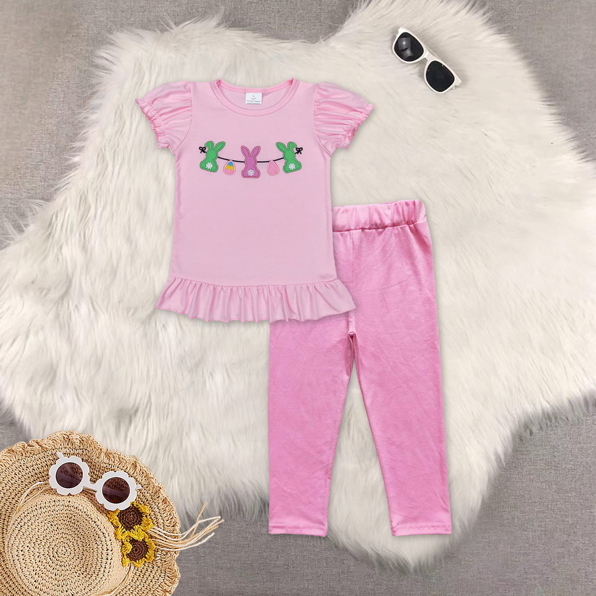RTS NO MOQ Sibling baby girl clothes embroidery easter short sleeve Pants set and top and pants