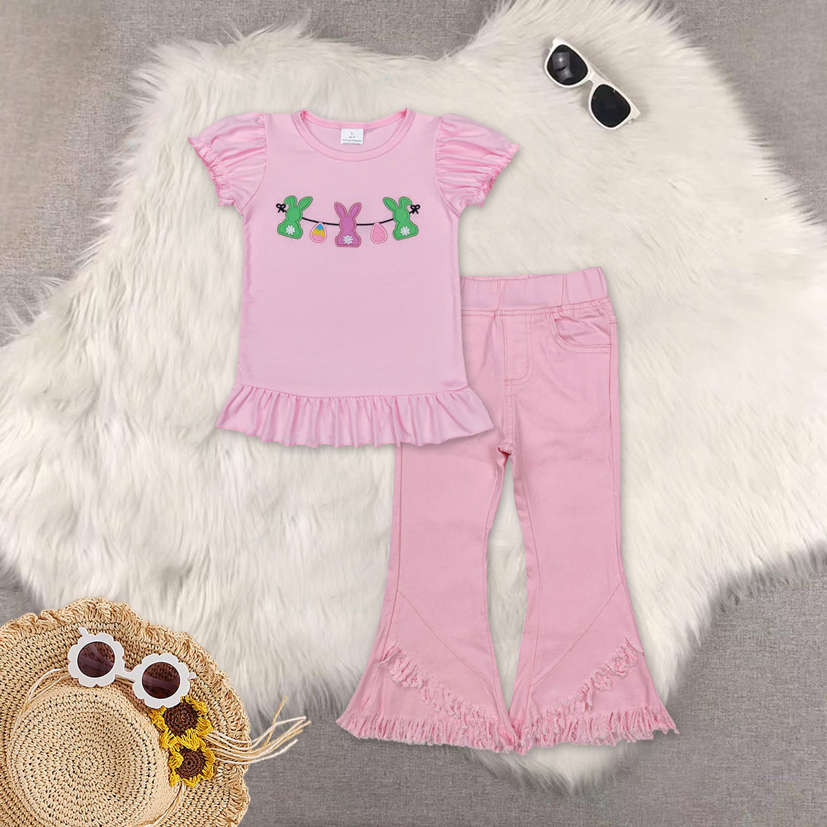 RTS NO MOQ（In Stock) baby girls clothes easter embroidery short-sleeved top demin pants set