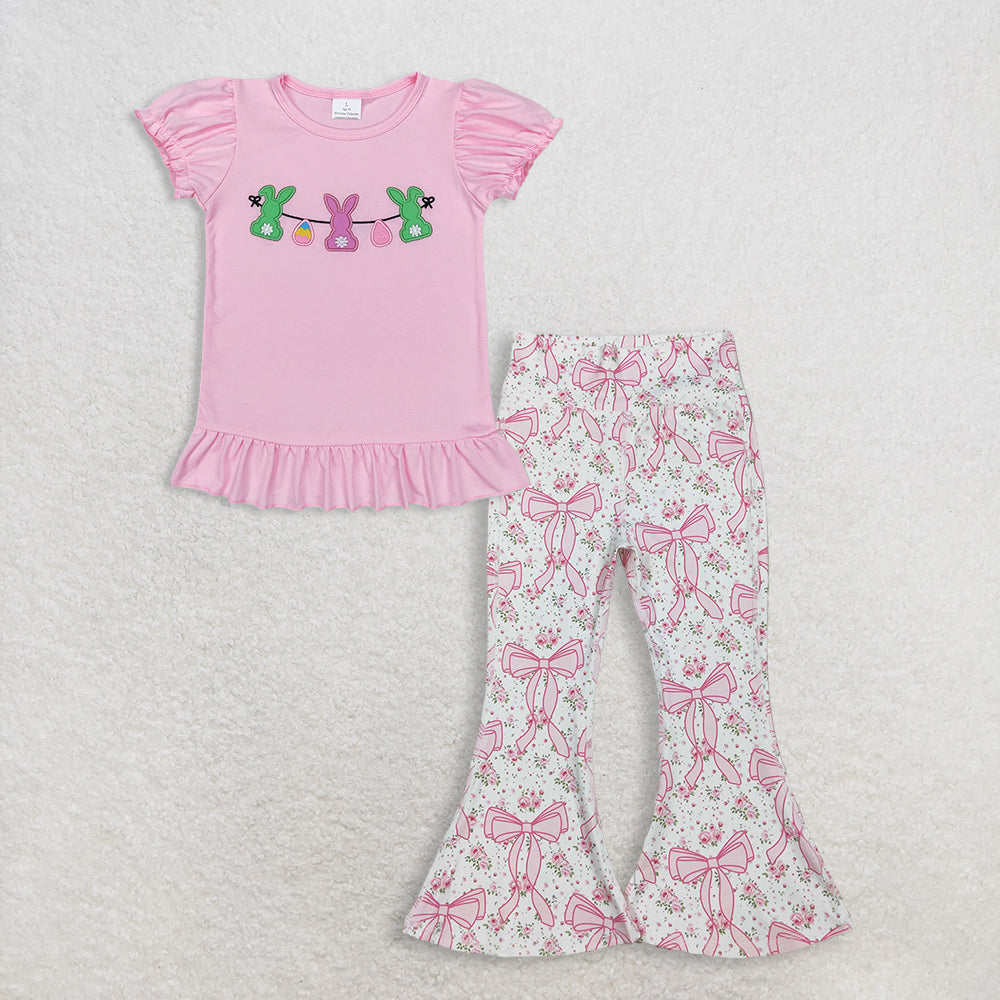 RTS NO MOQ GT0391+P0773 Baby Girls Easter Pink Rabbits Bunny Puffy Short Sleeve Shirt Tops And Pink Floral Bows Bell Bottom Yoga Active Pants