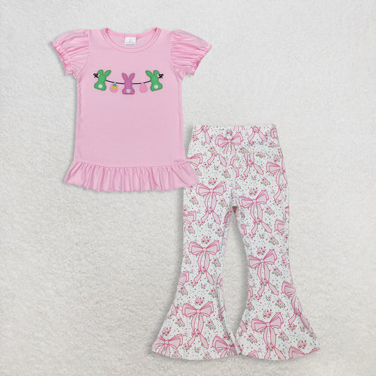 RTS NO MOQ GT0391+P0773 Baby Girls Easter Pink Rabbits Bunny Puffy Short Sleeve Shirt Tops And Pink Floral Bows Bell Bottom Yoga Active Pants