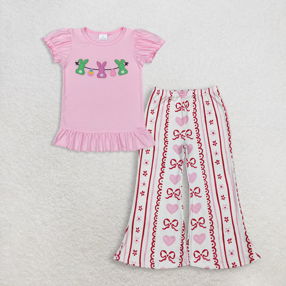 RTS NO MOQ GT0391+P0894 Baby Girls Easter Pink Rabbits Bunny Puffy Short Sleeve Shirt Tops And Bows Hearts Flowers Stripe Valentines Pants Bottom