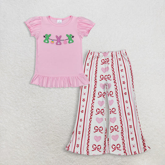 RTS NO MOQ GT0391+P0894 Baby Girls Easter Pink Rabbits Bunny Puffy Short Sleeve Shirt Tops And Bows Hearts Flowers Stripe Valentines Pants Bottom