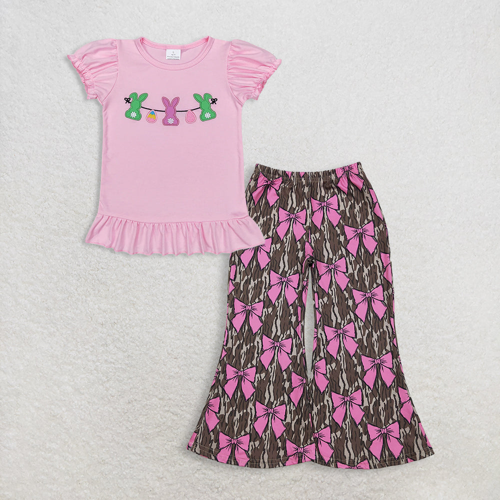 RTS NO MOQ GT0391+P0896 Baby Girls Easter Pink Rabbits Bunny Puffy Short Sleeve Shirt Tops And Camo Pink Bows Pants Bottoms