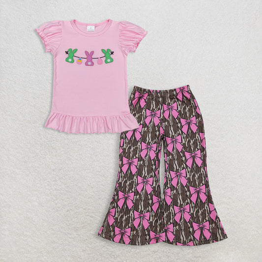 RTS NO MOQ GT0391+P0896 Baby Girls Easter Pink Rabbits Bunny Puffy Short Sleeve Shirt Tops And Camo Pink Bows Pants Bottoms
