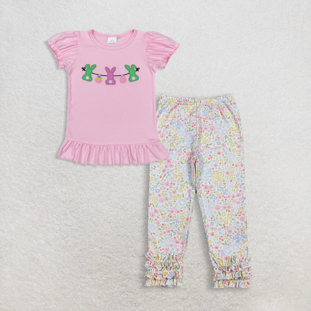 RTS NO MOQ GT0391+P1005 Baby Girls Easter Pink Rabbits Bunny Puffy Short Sleeve Shirt Tops And Flowers Ruffle Legging Pants Bottom