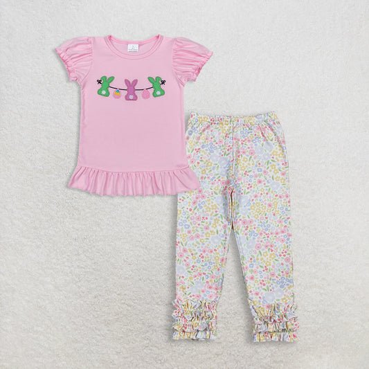 RTS NO MOQ GT0391+P1005 Baby Girls Easter Pink Rabbits Bunny Puffy Short Sleeve Shirt Tops And Flowers Ruffle Legging Pants Bottom