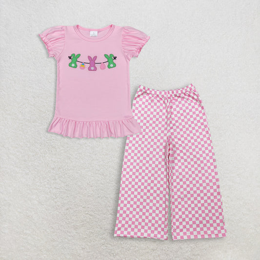 RTS NO MOQ GT0391+P1018 Baby Girls Easter Pink Rabbits Bunny Puffy Short Sleeve Shirt Tops And Pink Checked Flare Pants Bottom