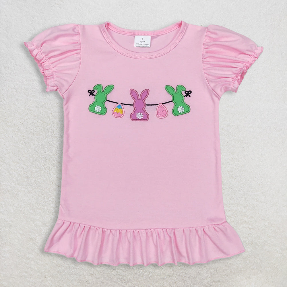 RTS NO MOQ GT0391+P0773 Baby Girls Easter Pink Rabbits Bunny Puffy Short Sleeve Shirt Tops And Pink Floral Bows Bell Bottom Yoga Active Pants