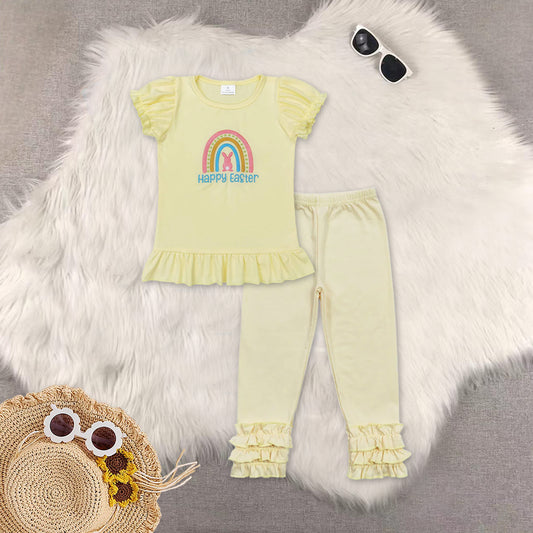 RTS NO MOQ（In Stock) embroidery short-sleeved top yellow Pants set