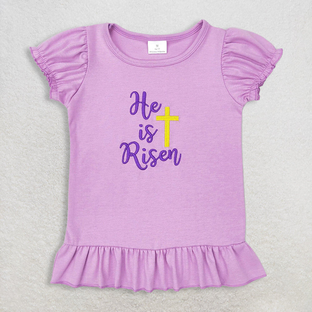 RTS NO MOQ GT0393+P1018 Baby Girls He Is Risen Cross Easter Lavender Puffy Short Sleeve Shirt Tops And Pink Checked Flare Pants Bottom